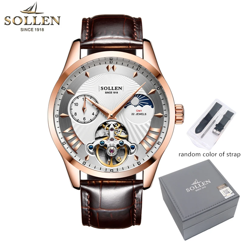 

SOLLEN Luxury Watch Men Automatic Mechanical Waterproof Moon Phase Multiple Time Zones Leather Watches Business Mens Clock 302