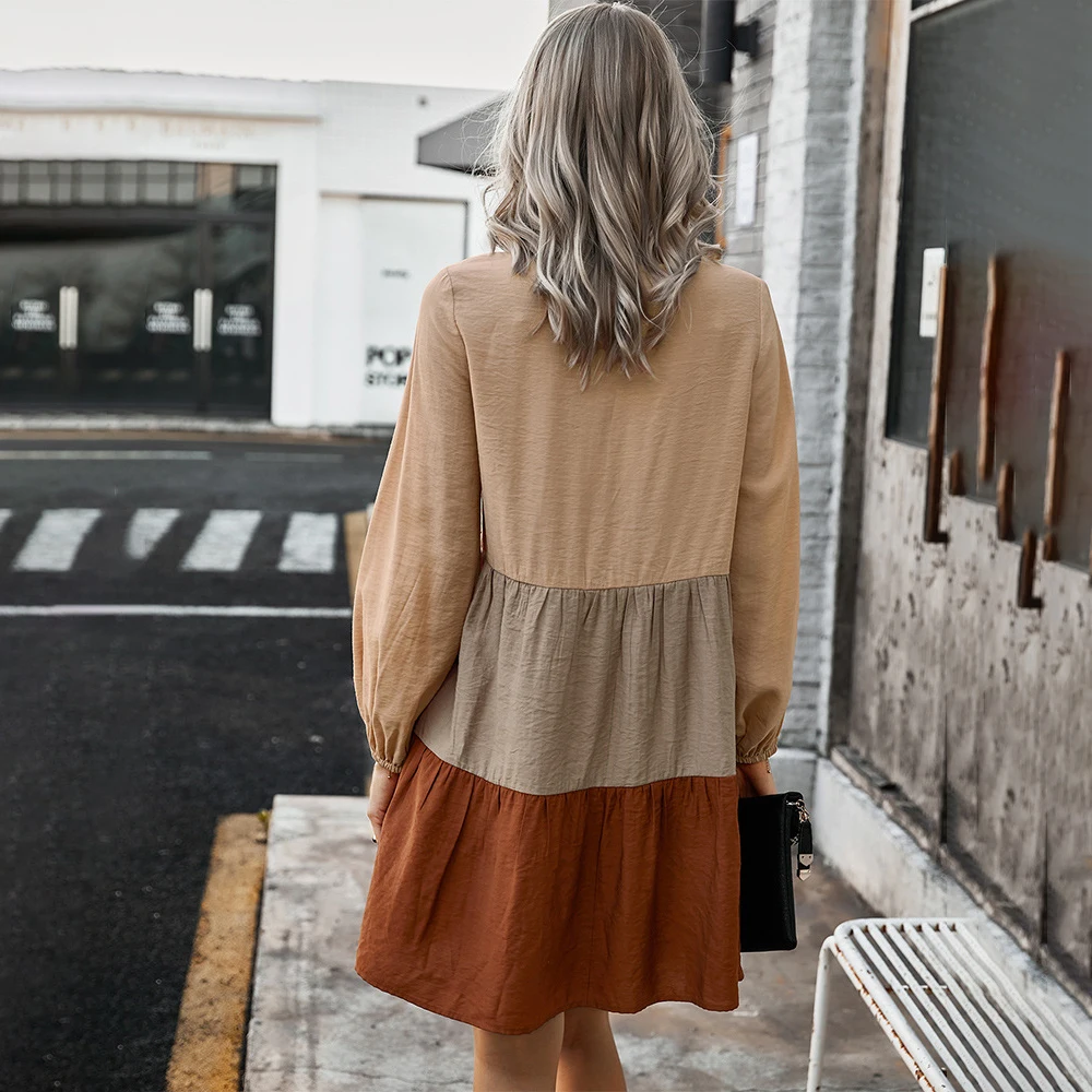 

Spring Autumn Dress Fashion Yellow Casual Ladies Patchwork Button Ruched Loose Dresses New Arrival Fall 2020 Clothes For Women