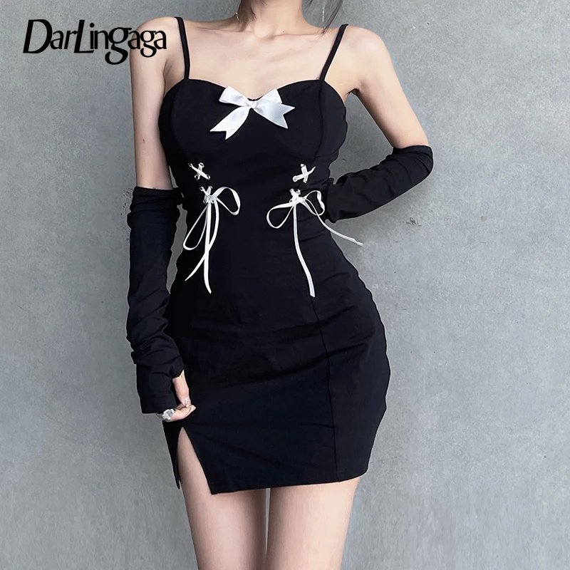 

Darlingaga Vintage Spaghetti Strap Bow Bodycon Black Dress Female Lace Up Gothic Clothes Sexy Party Dress Summer With Gloves New