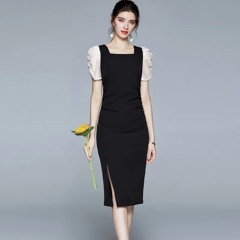 

2021 New Summer Dress Women Short Sleeve Square Collar Splicing Solid Black Purple Split Slim Midi Maxi Elegant Fashion Dresses