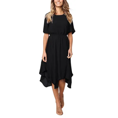 

Summer Fashion Women's Dress Round Neck Short Sleeve Solid Chiffon Irregular Lady Dress