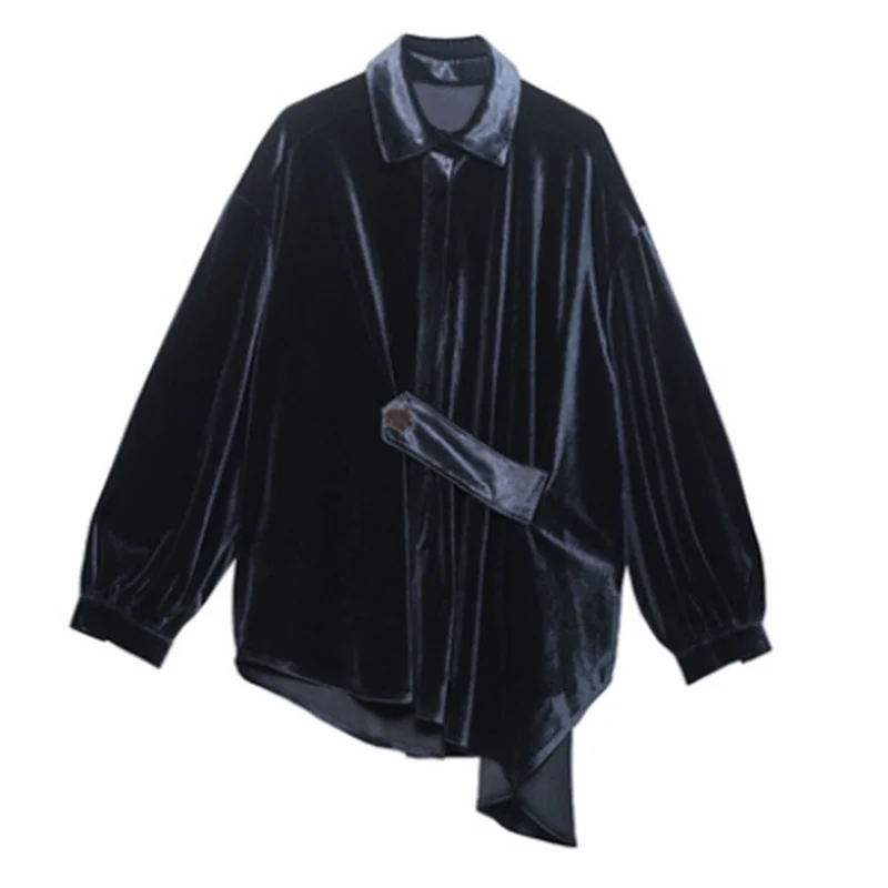

CHICEVER Velour Shirts For Women Lapel Long Sleeve Patchwork Lace Up Loose Oversized Vintage Blouses Female 2021 Autumn Clothing