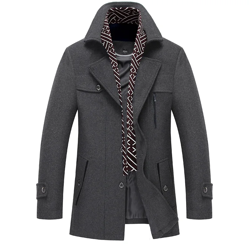

Men Winter Wool Coat Scarf Collar Warm Thick Woolen Overcoat Men Trench Coat Casual Wool Blends Jacket Male