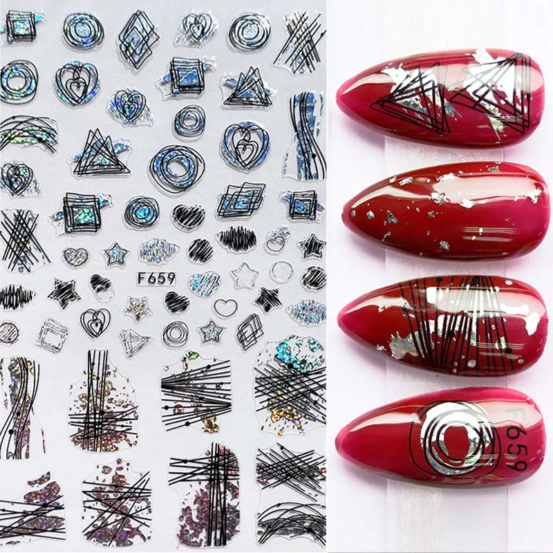 1 лист с голографическим блеском 3D стикер для ногтей черные золотые линии летние