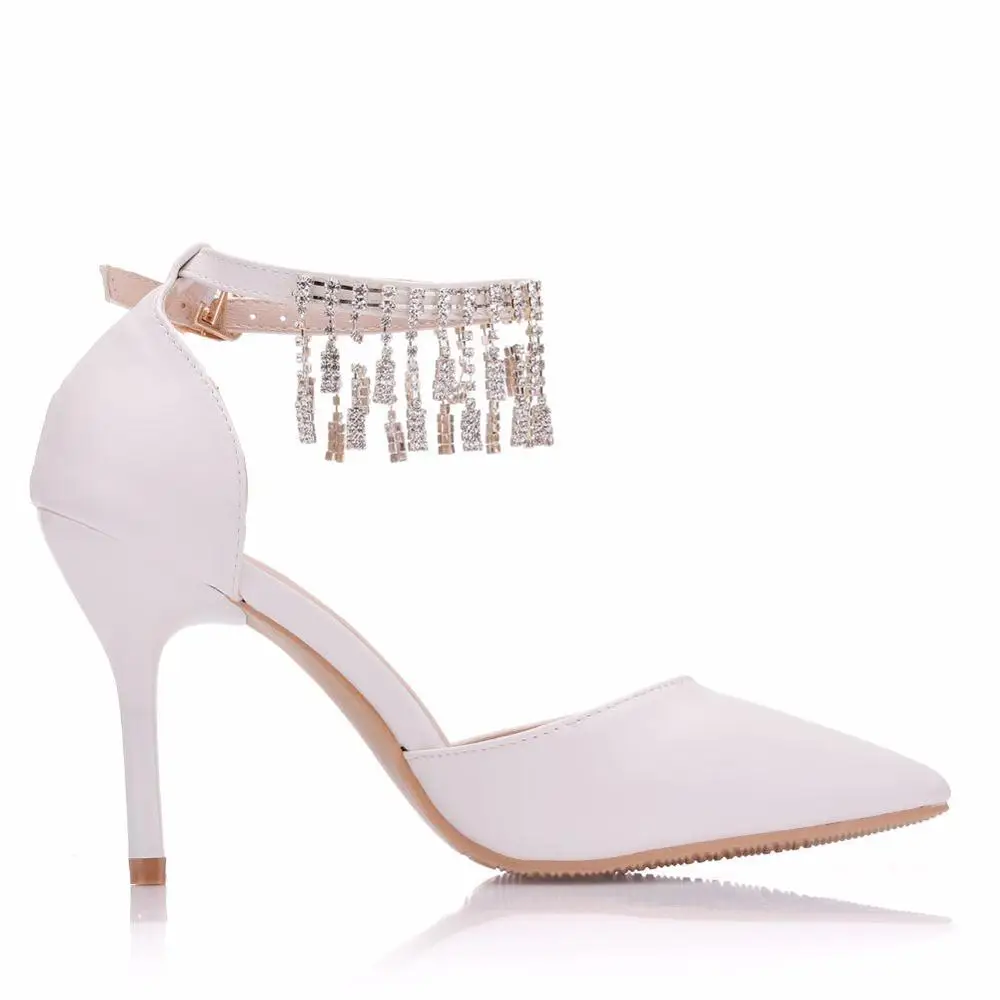 Женские свадебные туфли на высоком каблуке белые лодочки с кисточками и