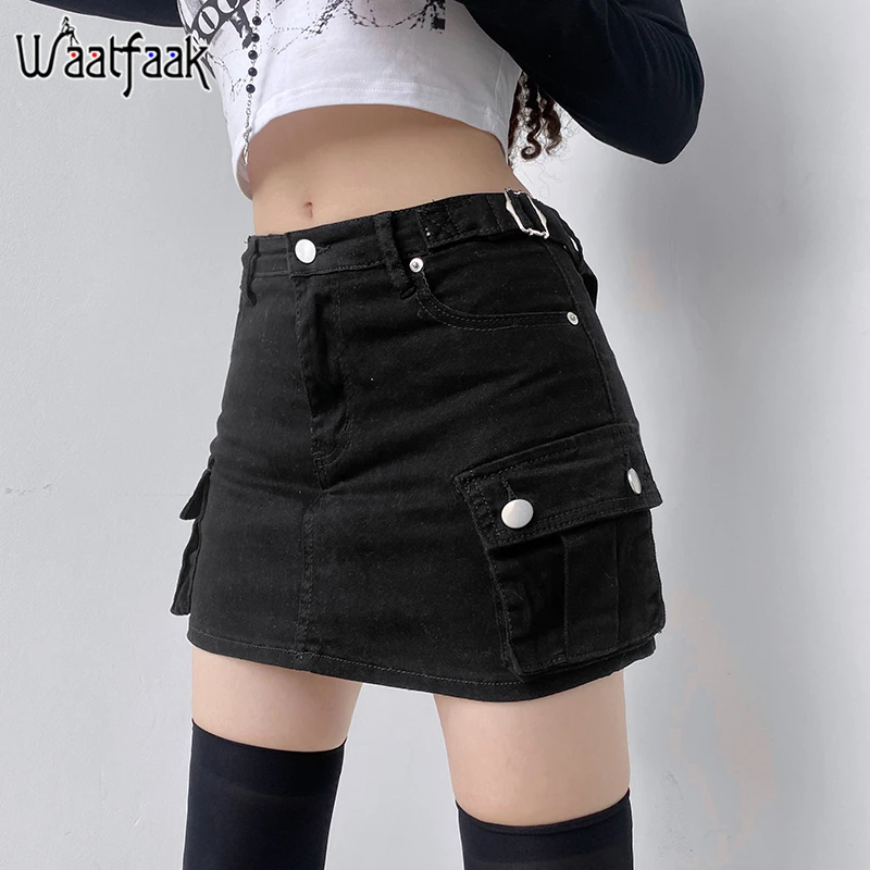 

Waatfaak Dark Academia Black Y2K Mini Skirt Alt Punk Buckle High Waisted Goth Denim Skirt Streetwear Chic Harajuku Grunge Pocket