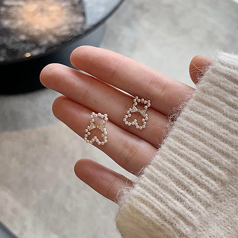 

anime South Korea lovely needle no ear hole ear clip earring pearl bear earring versatile sweet earring female