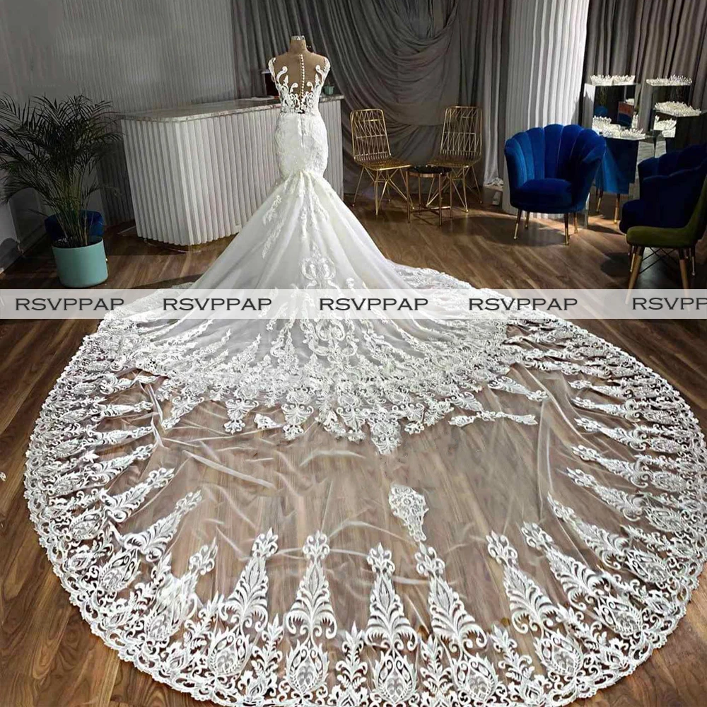 

Белый Русалка Свадебные платья 2021 Vestido de Novia прозрачный топ с аппликацией из бисера кружевное свадебное платье с низким вырезом на спине и дл...