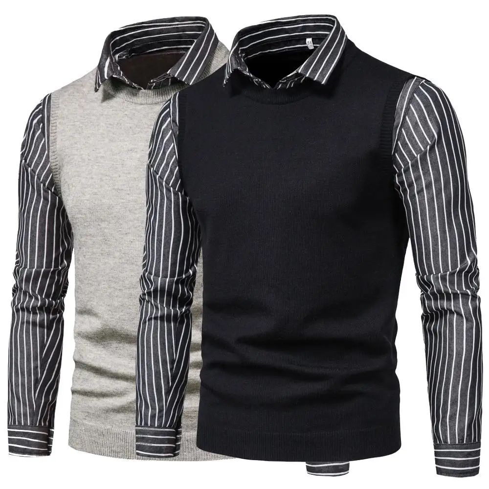 

autumn and winter new foreign trade men's sweater lapel fake two-piece sweater men's bottoming shirt
