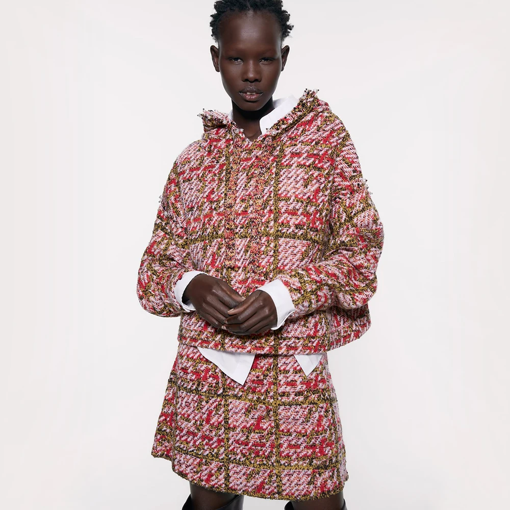 ZA осенне зимний новый комплект с юбкой и свитером вязаный клетчатый свитер