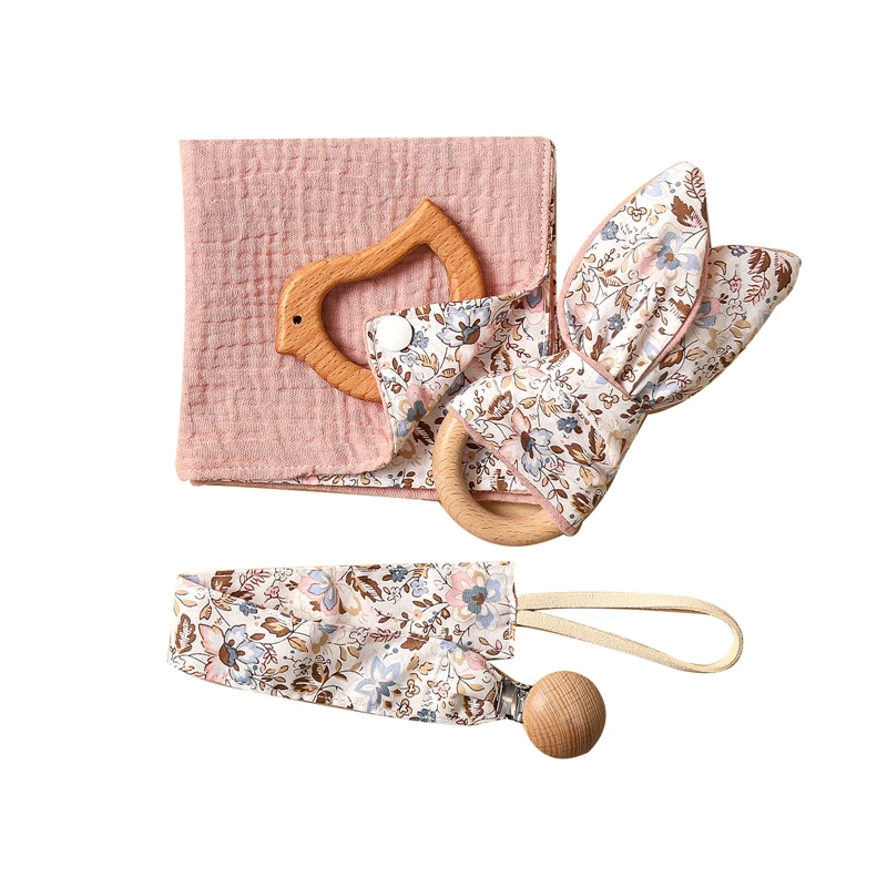 Toalla de Saliva Floral para beb&eacute;, cadena de chupete de 3 uds., anillo de dentici&oacute;n de madera, Bandana, conjunto de baberos, mordedor para beb&eacute;, juguete para chico-1