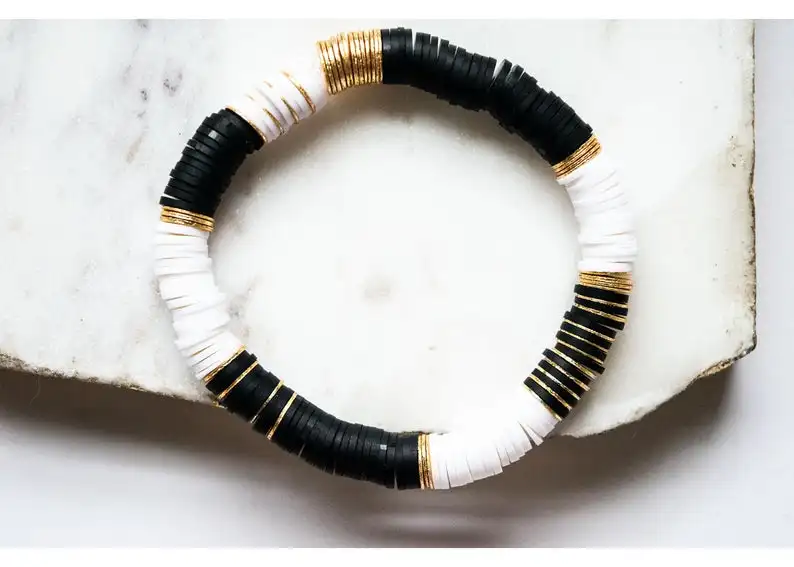 

10Pcs 8mm Gold Copper Sheets Black White Color Polymer Clay Disc Heishi Beads Elastic Stretch Bracelet Girl's Boho Jewelry Gift