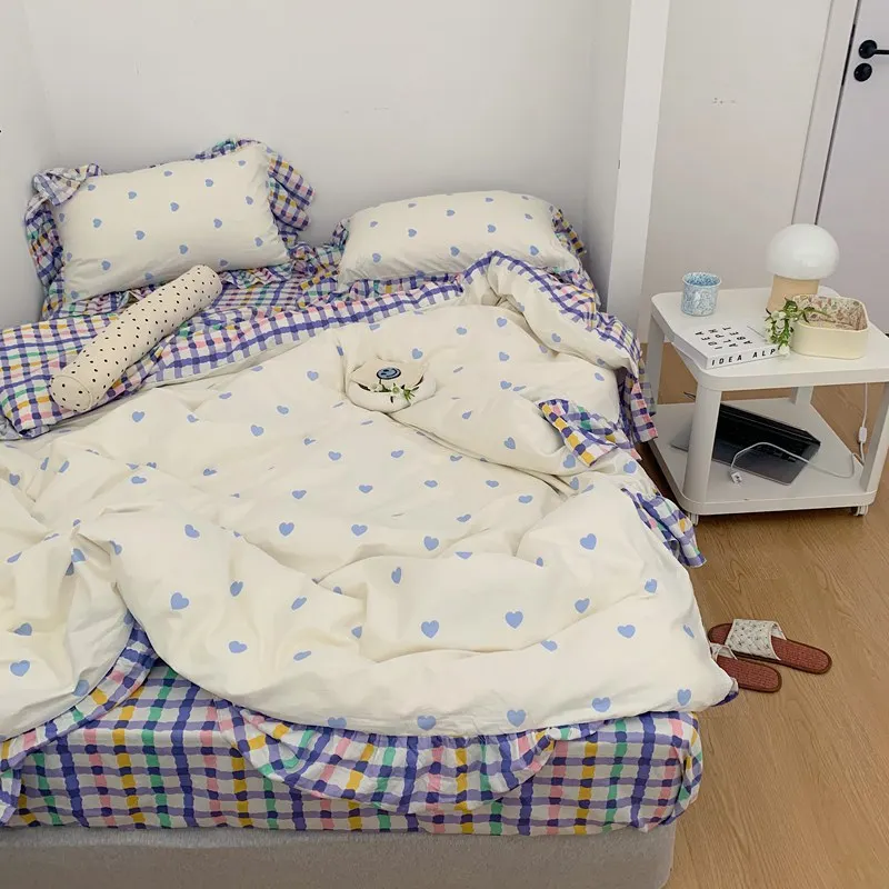 

Pleated Lace Bedding Set Retro Quilt Cover Girl Bedding Ins Polka Dot Ice Cream Color Pure Cotton Four - Piece Set of Korean