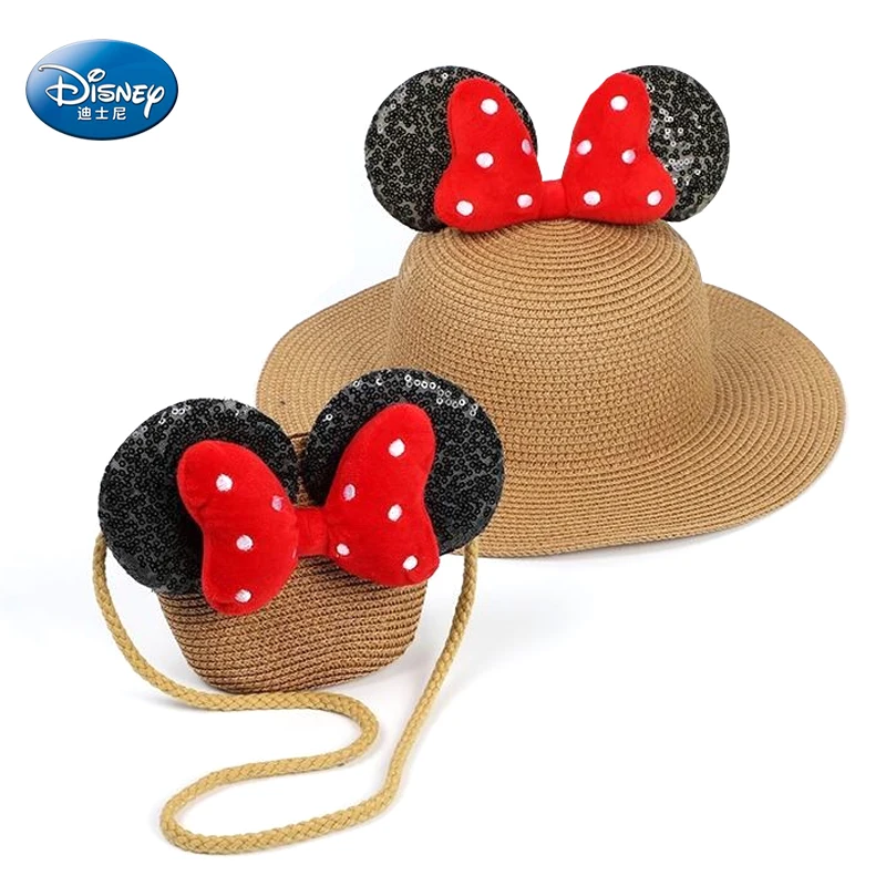 

Disney Minnie Mouse Ear Fisherman's Hat Baby Girl Lovely Bow Sun Caps Summer Girls Kids Straw Bucket Beach Hats For Little Girl