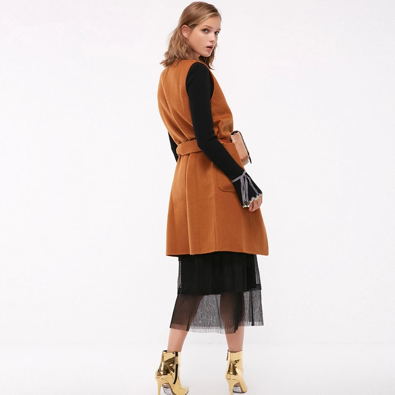 2019 Autumn New Fashion Wool Woolen Vests Coat Women Solid Big Pocket Belt Long Vest Female High Quality Top Office Lady Clothes | Женская