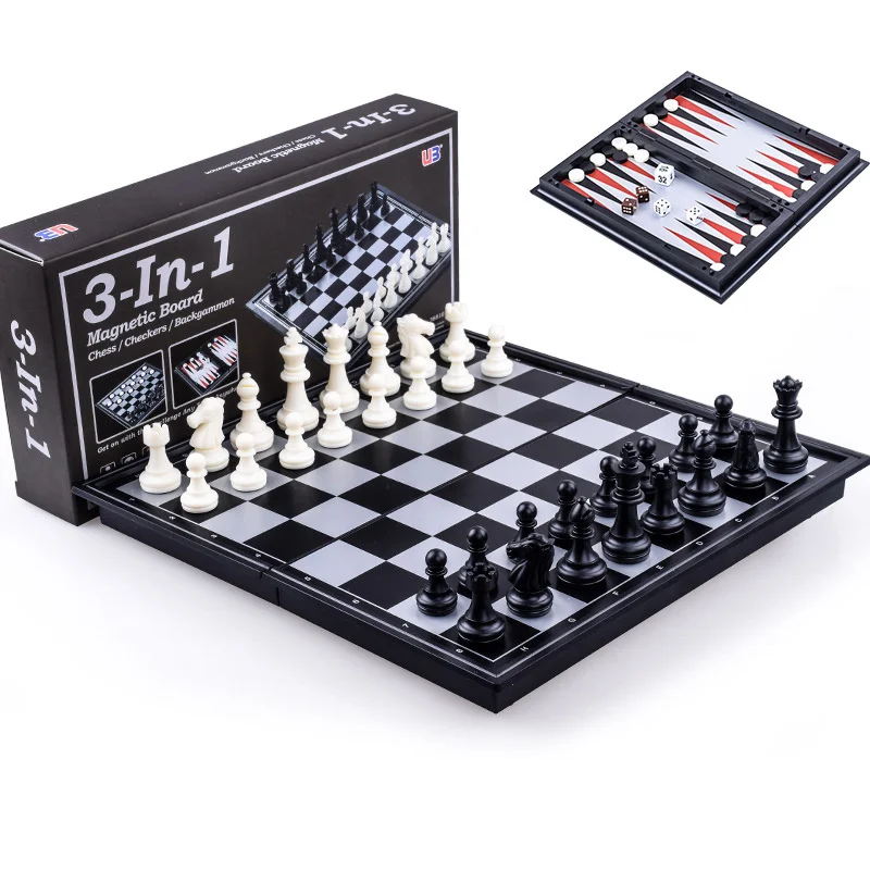 

Magnetic Chess Backgammon Checkers Set Road Foldable Board Game 3-in-1 International Folding Portable