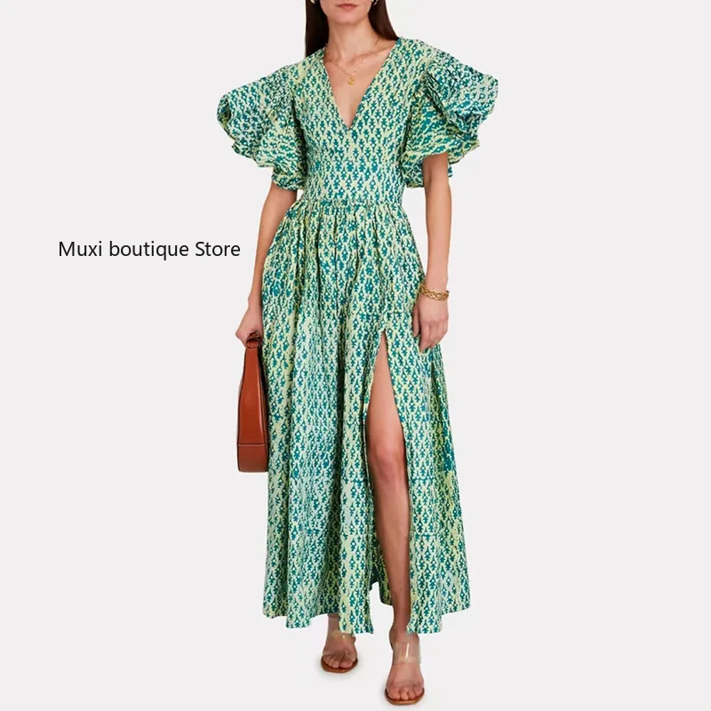 

Muxi women large-swinging dress high-waist printed fork long skirt bubble sleeves V collar print waist large swing dress