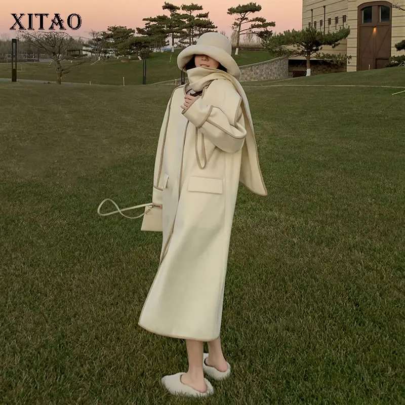 

XITAO Women Trench Single Breasted O-neck with A Scarf Straight Patchwork Contrast Color Pocket Temperament Autumn Winter LL1102