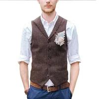2020 brown groom vests tweed wool herringbone groomsmen vests british style mens suit waistcoat slim fit for wedding