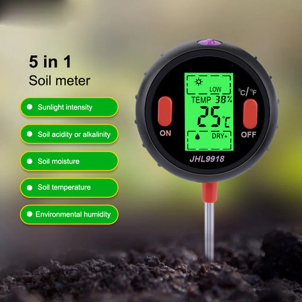 

5 in 1 Soil Test Meter Digital Soil Moisture PH Temperature Light Tester LCD for Garden Lawn L9
