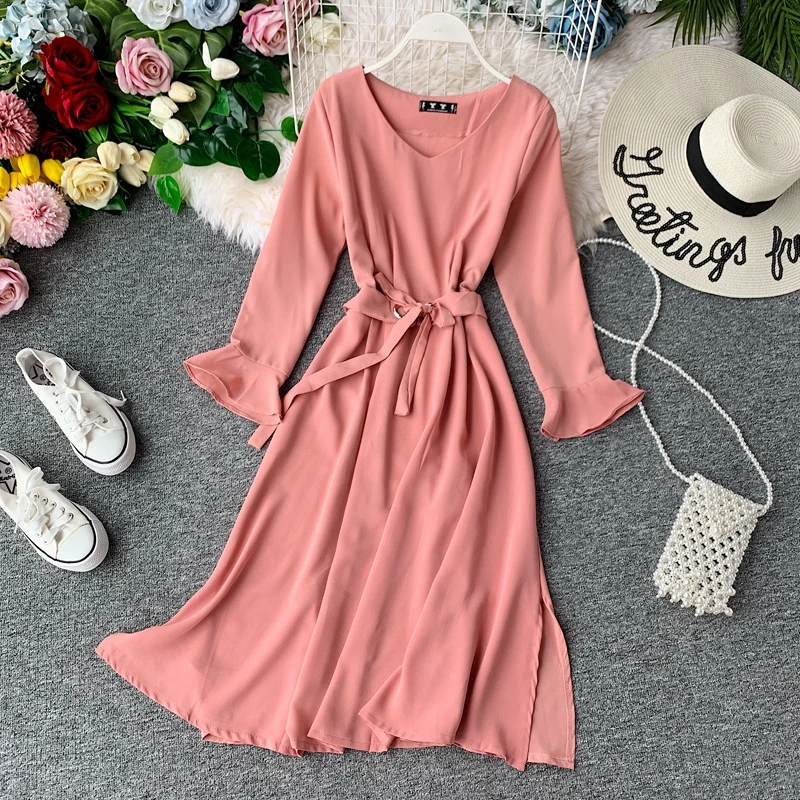ALPHALMODA A-line Long-sleeved Autumn Dress New Women Side-slit Belted Sashes Tie Solid Casual Chiffon | Женская одежда