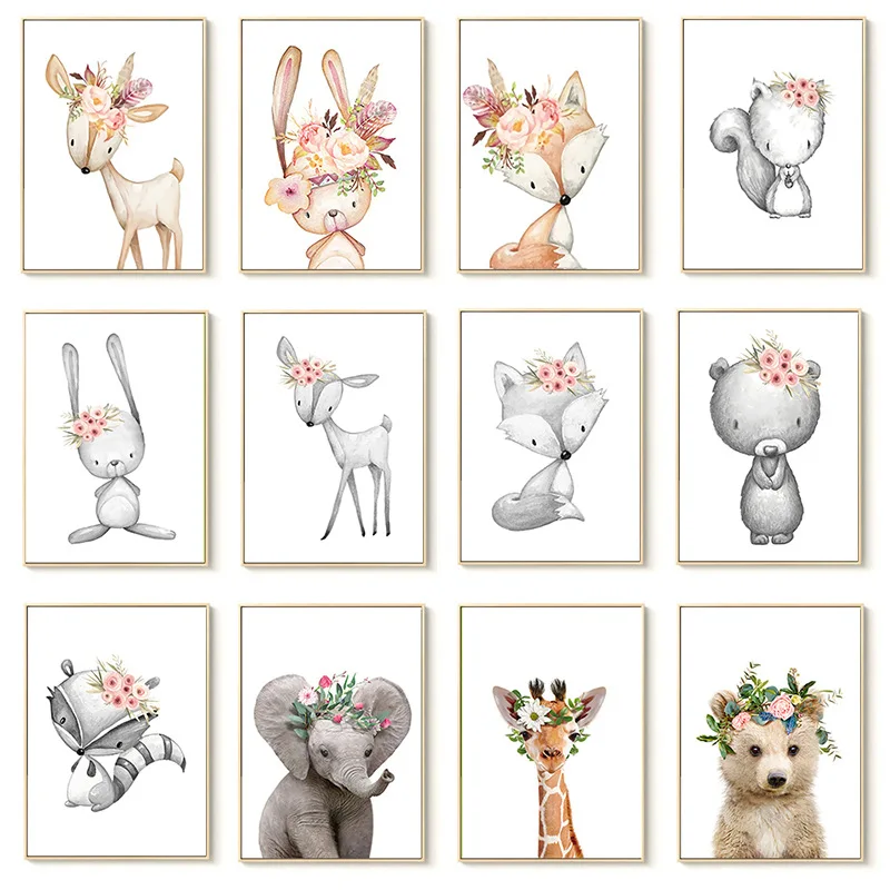 

Nordic Poster Wall Pictures Elephant Zebra Fox Rabbit Bear Giraffe Safari Wall Art Print Canvas Painting Baby Kids Room Decor