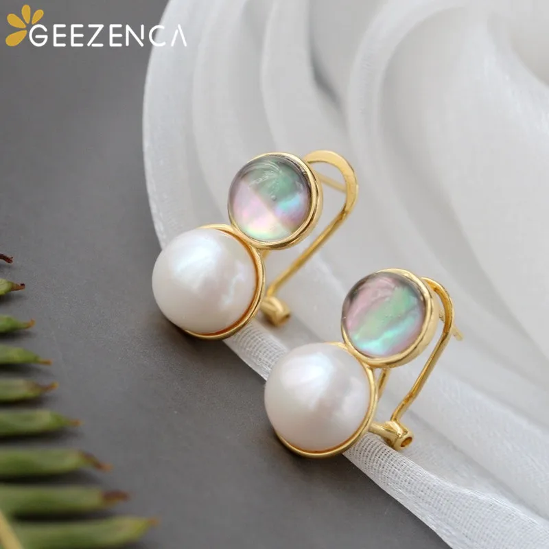 

GEEZENCA 925 Sterling Silver Gold Plated Natural Freshwater Pearl Earrings For Women Korean Style Fashion Stud Earring 2021 New