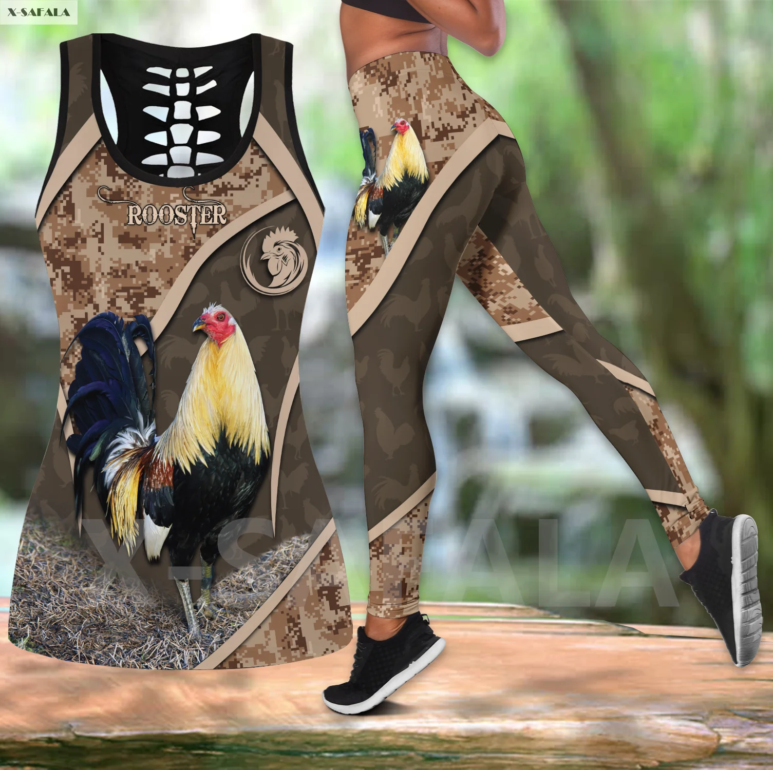 

Rooster Pattern 3D Printed Women Combo Two Piece Yoga Set Vest Hollow Out Tank Top High Waist Legging Summer Casual Sport