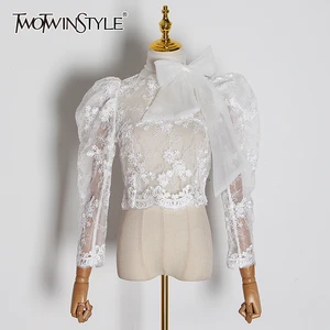 Женская кружевная рубашка TWOTWINSTYLE, Тонкая блузка с длинным рукавом и воротником-стойкой, модная одежда