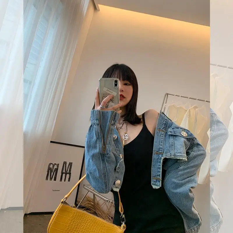 Куртка женская джинсовая в готическом стиле свободная короткая цельная