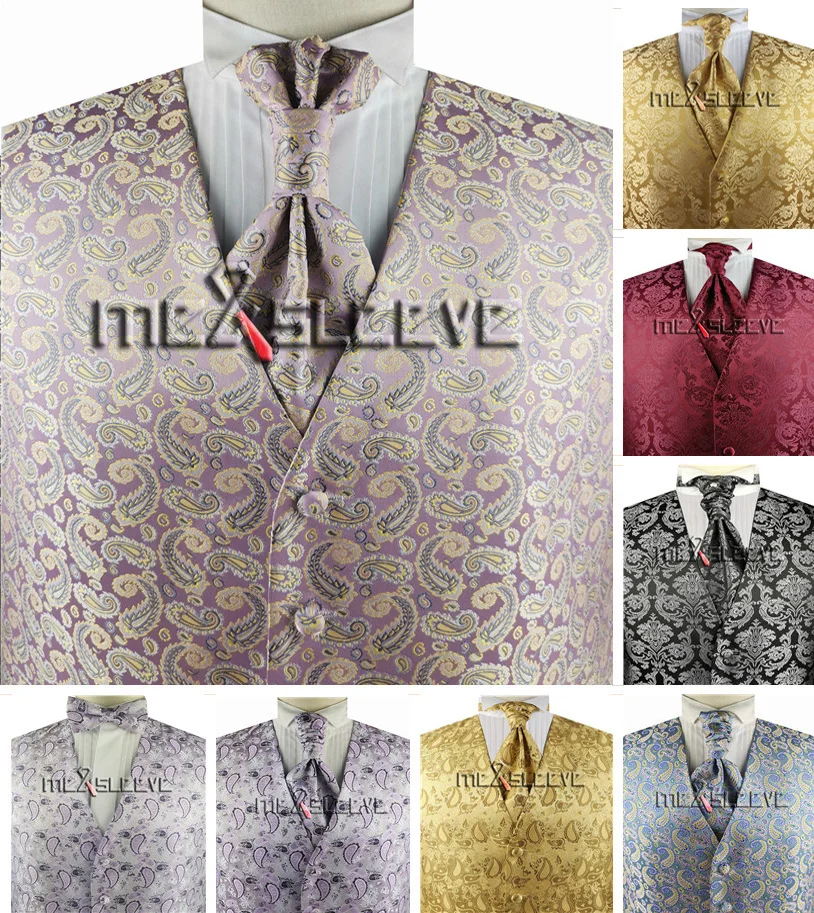 

free shipping woven microfiber paisley man's waistcoat set for party/wedding(vest+ascot tie+handkerchief)