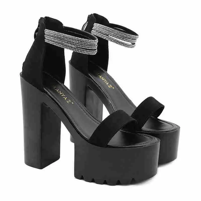 

Thick heel Roman sandals women's new summer net red versatile one word diamond medium size black