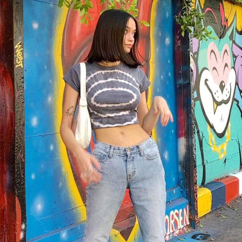 

Летняя женская футболка с коротким рукавом, модный пикантный укороченный топ для девочек с геометрическим принтом и круглым вырезом, Повсе...