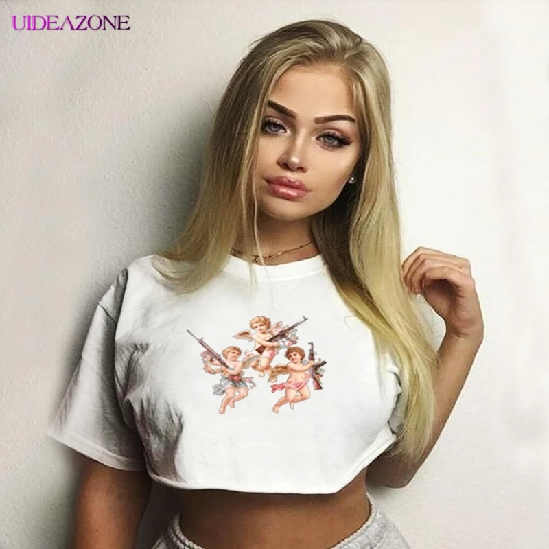 Модные женские укороченные топы с принтом ангела Купидона весенне-летние