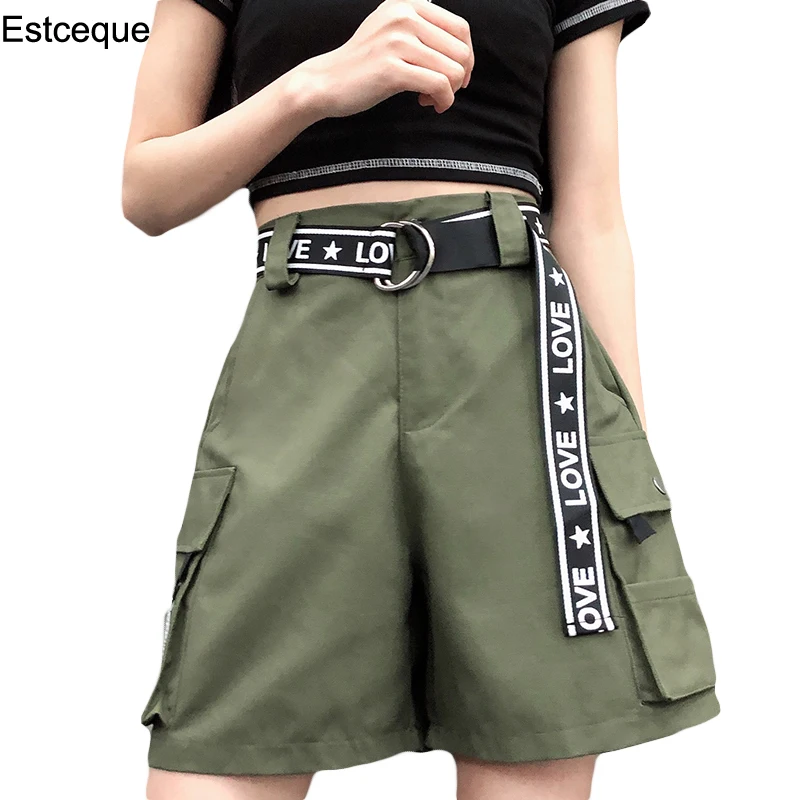 Женские однотонные шорты-карго с высокой талией тонкие шорты ремешком прямые для