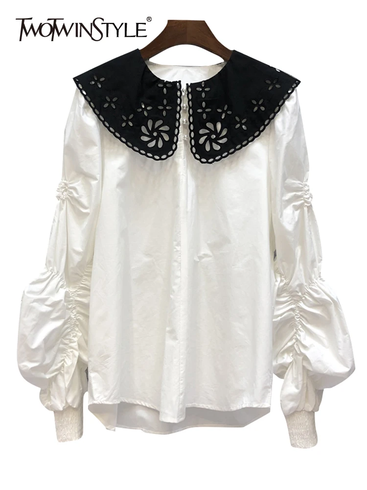 

Женская рубашка TWOTWINSTYLE, однотонная, с воротником в стиле Питера Пэна, пуловер с рукавами-фонариками, модная осенняя одежда