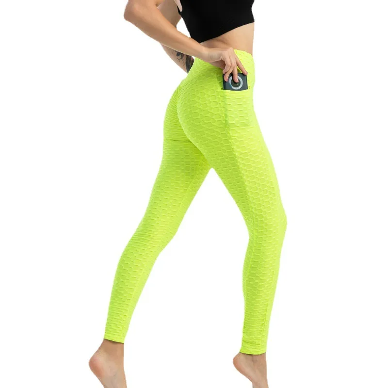 

2021 New Ladies Fashion Running Fitness Pocket Bubble Yoga Pants High Stretch Hip Slim Sweat-absorbing Leggings