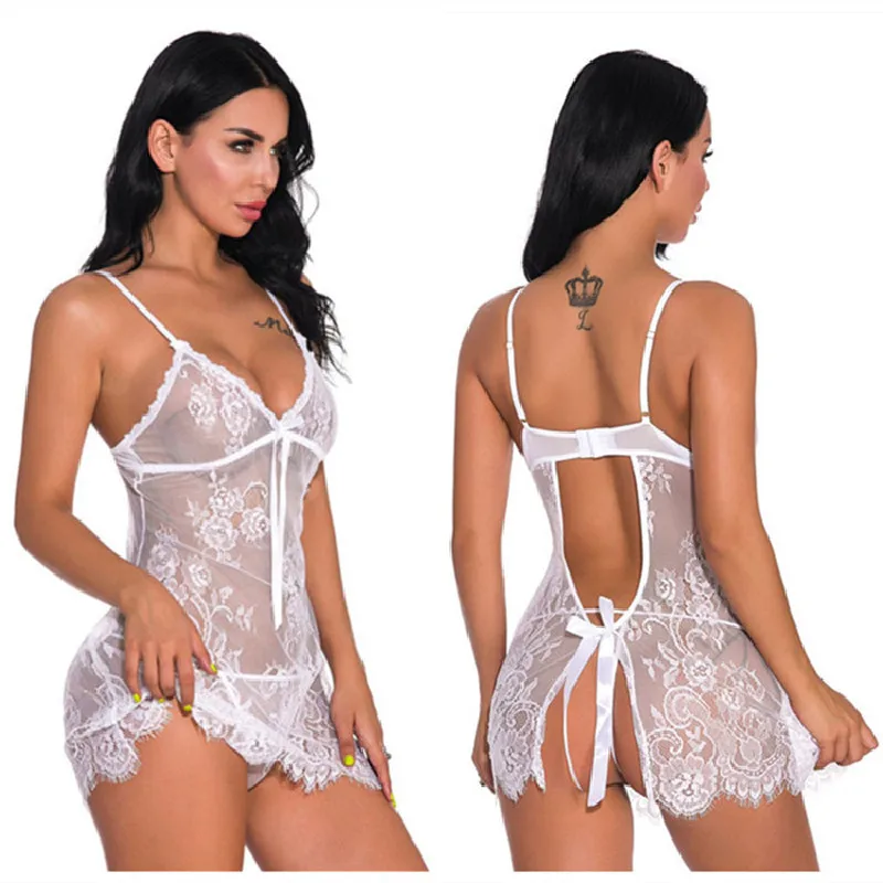 New Summer Women's Nightwear Lace Perspective Sexy Backless Underwear Factory  Wholesale Nightdress