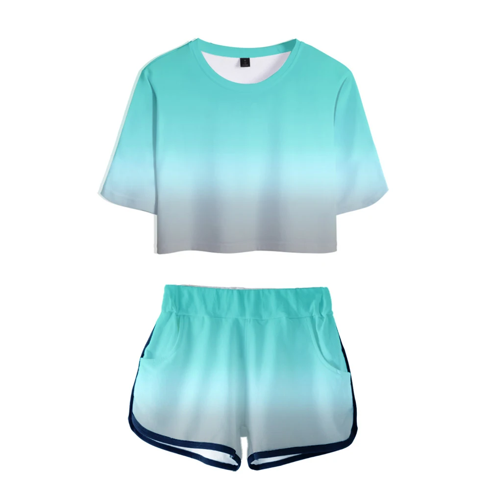 

2021 new fashion design belly button t-shirt + shorts two-piece female belly button t-shirt gradient color hot street suit