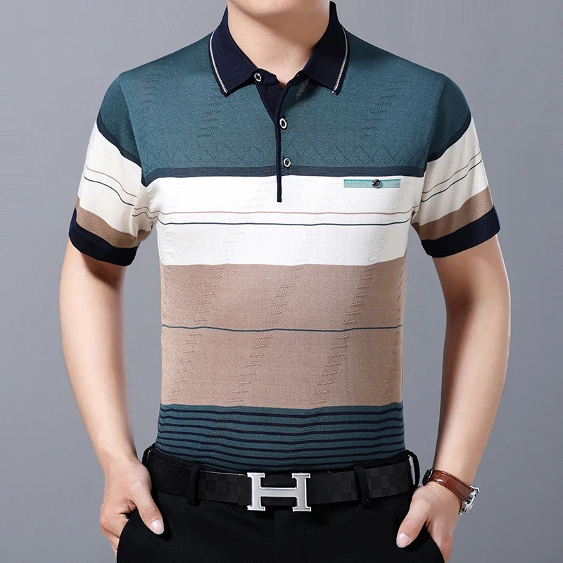 Трикотажная рубашка в полоску с коротким рукавом на лето 2020 мужские модные