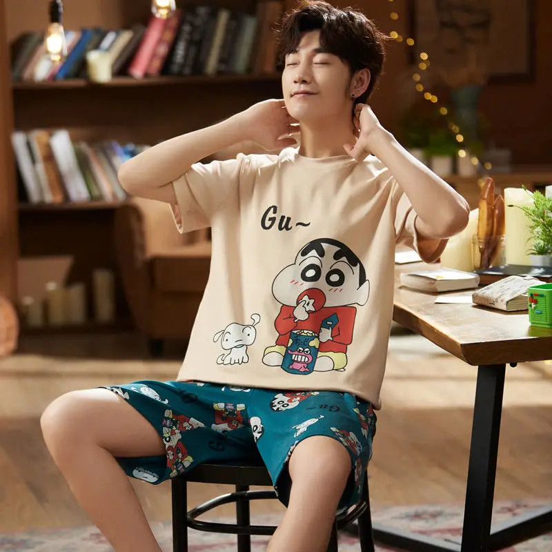 

Funny Dinosaur Cartoon Print Knit Cotton Sleepwear Plus Size Men Nightwear Men Pajamas Set Summer Short-sleeves O-neck Sleepwear