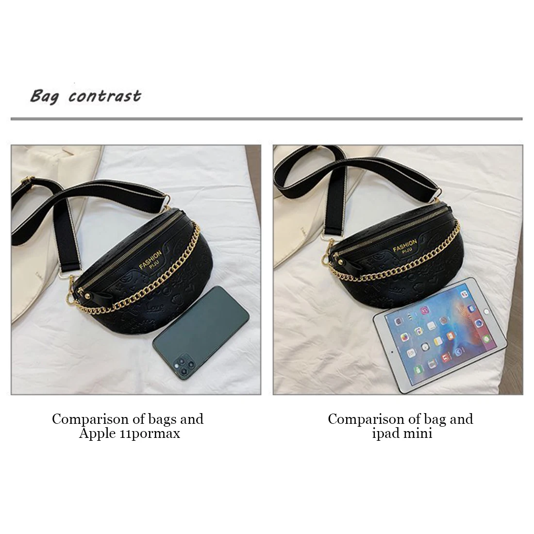 

Large Capacity Women Chest Bag Leather Bags With Chain And Lovely Pattern Fanny Pack Wide Wide shoulder strap Fashion Casual Bag