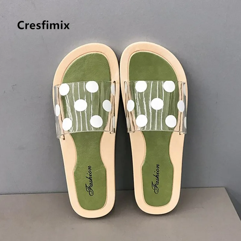 

Marlisasa Women Cute Sweet Light Weight Green Slip on Slippers Ladies Casual Anti Skid Beach White Dot Beach Slippers F5782c