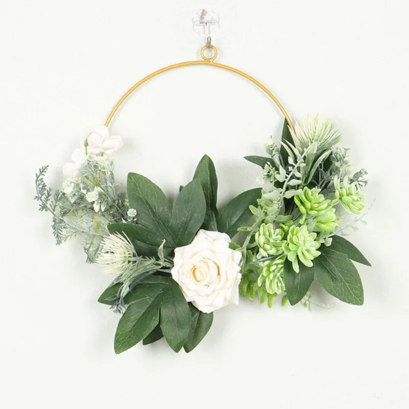 

2021 Artificial wreath Iron Art Handmade White Rose Succulent Wall Hanging Home Decoration Pendant Front Door Hanging Garland