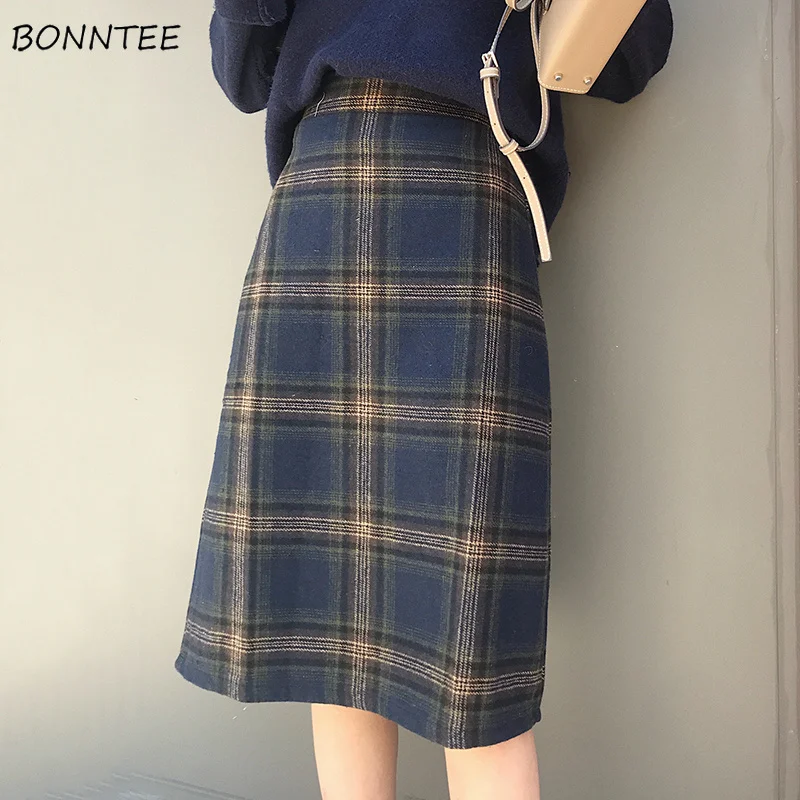 

Skirts Women High Elasticity School Students Thicken Retro Cotton Womens Plaid A-line Skirts Leisure High Waist Knee-length