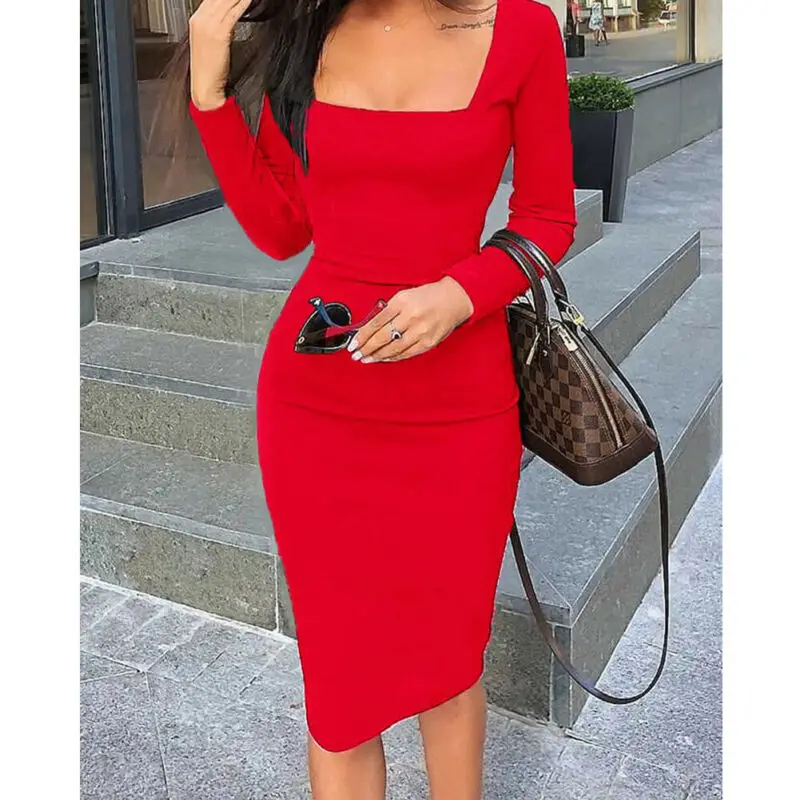 2021 Womens Elegant Sexy Cocktail Party Slim Fit Dresses Square Collar Long Sleeve Slim Design Bodycon Black Blue Red Midi Dress