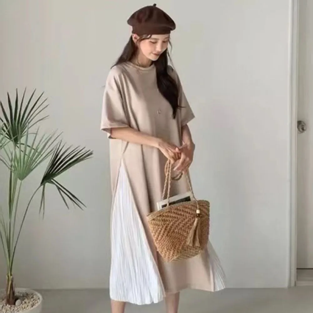 

2021 Summer Casual Korean Fashion Women's Dress Temperament Simple Pleated Splicing Color Contrast Round Neck Summer