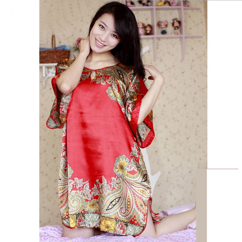 Floral Red Для женщин атласная сексуальные шелковые пижамы Ночные сорочки пижамы рукав «летучая мышь» по колено ночные рубашки, ночное белье Розовый Ночная одежда ля маленьких девочек и малышей - Цвет: Floral Red