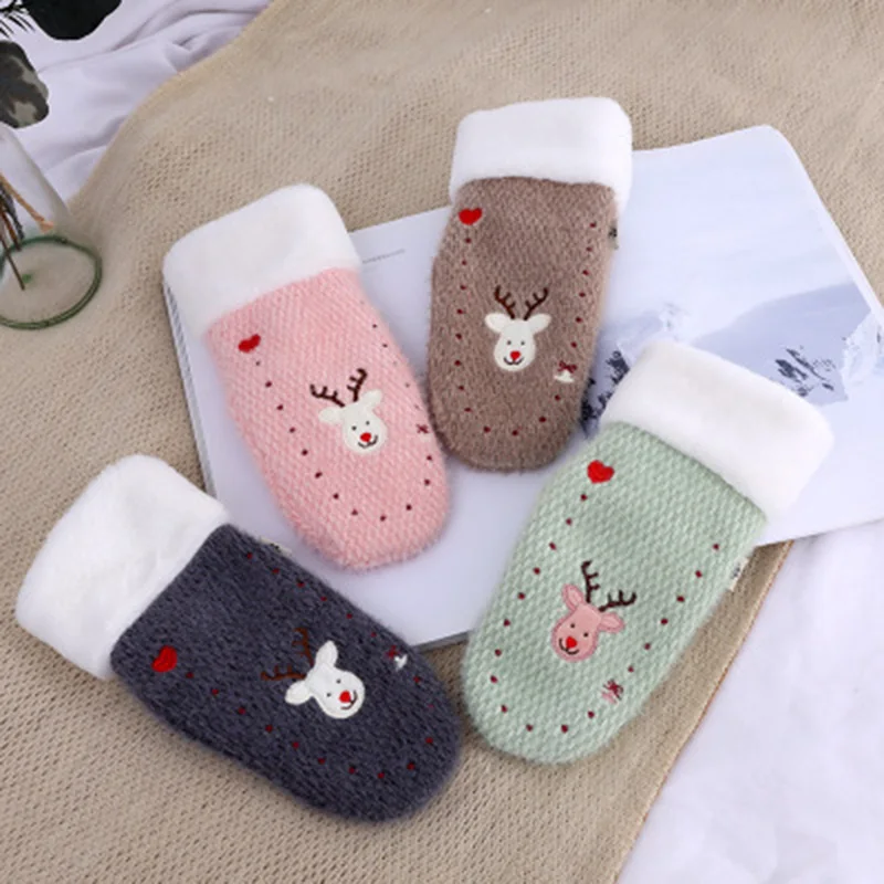 Women's Winter Double Thicken Velvet Wool Knit Warm Gloves Cute Cartoon Elk Embroidered Cashmere Cycling Driving Mittens L20 |