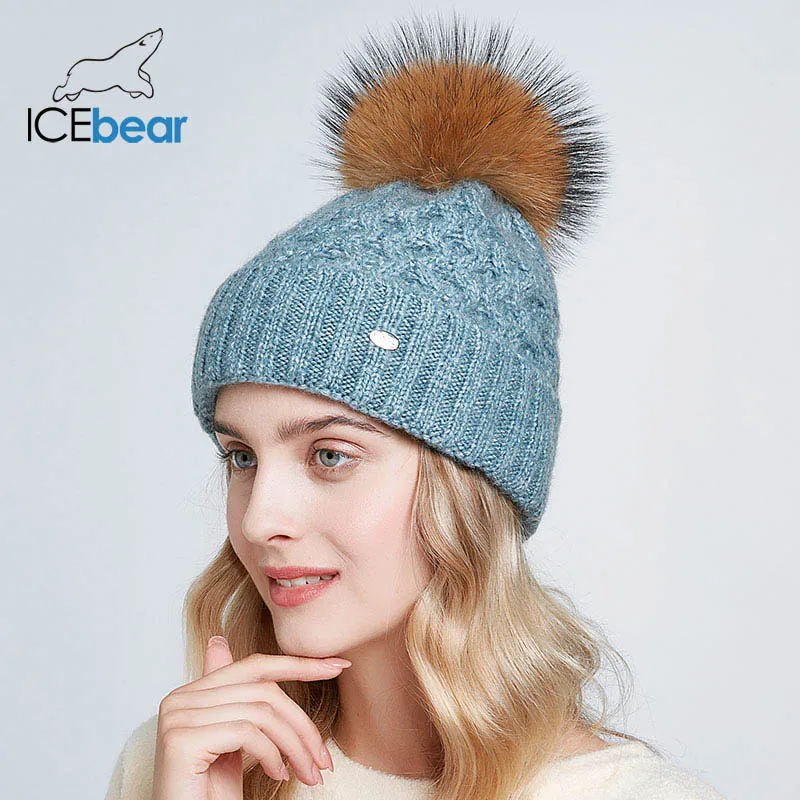 ICEbear зимние шапки для женщин натуральный мех помпон шапка теплые осенние вязаные шапки для женщин модные вязаные шапочки Женские шапки E-MX19113Q